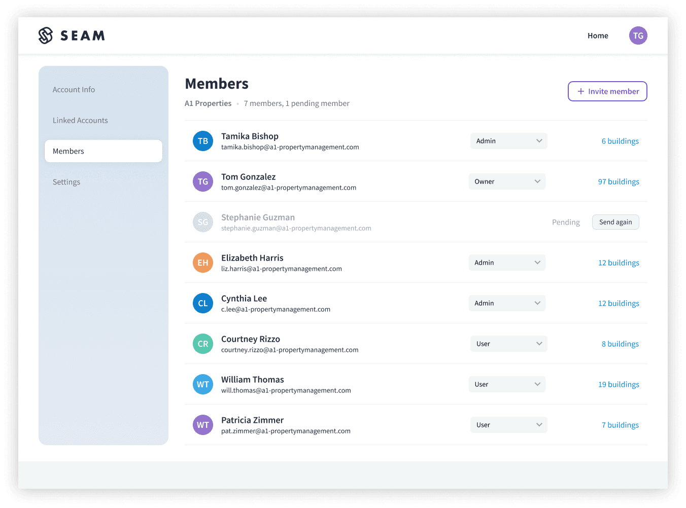 Seam Dashboard roles and permission management screen